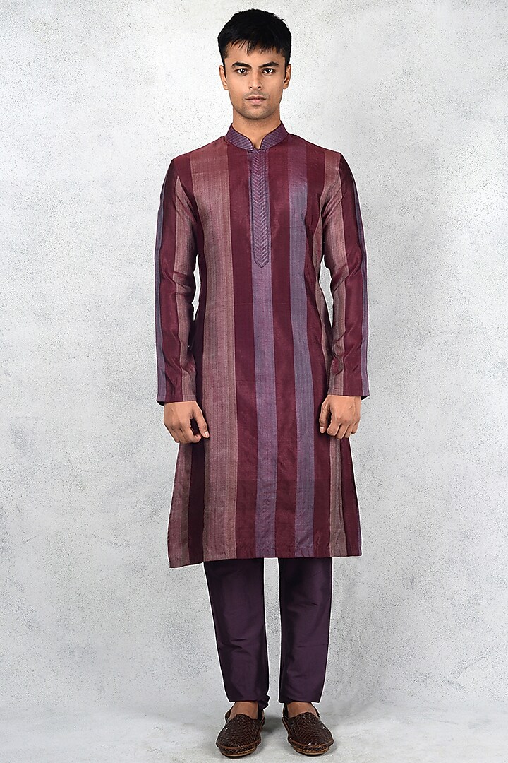 Wine Silk Striped Kurta Set by Siddhesh Chauhan at Pernia's Pop Up Shop