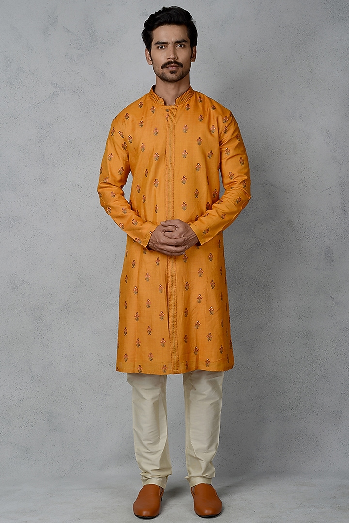Tangerine Orange Silk Embroidered Kurta Set by Siddhesh Chauhan at Pernia's Pop Up Shop