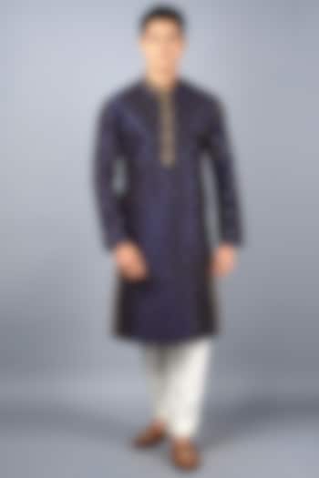 Deep Blue Silk Blend Embroidered Kurta Set by Siddhesh Chauhan at Pernia's Pop Up Shop