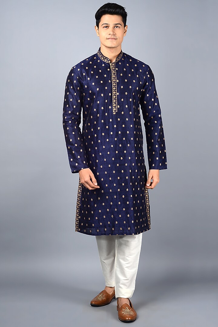 Deep Blue Silk Blend Embroidered Kurta Set by Siddhesh Chauhan at Pernia's Pop Up Shop