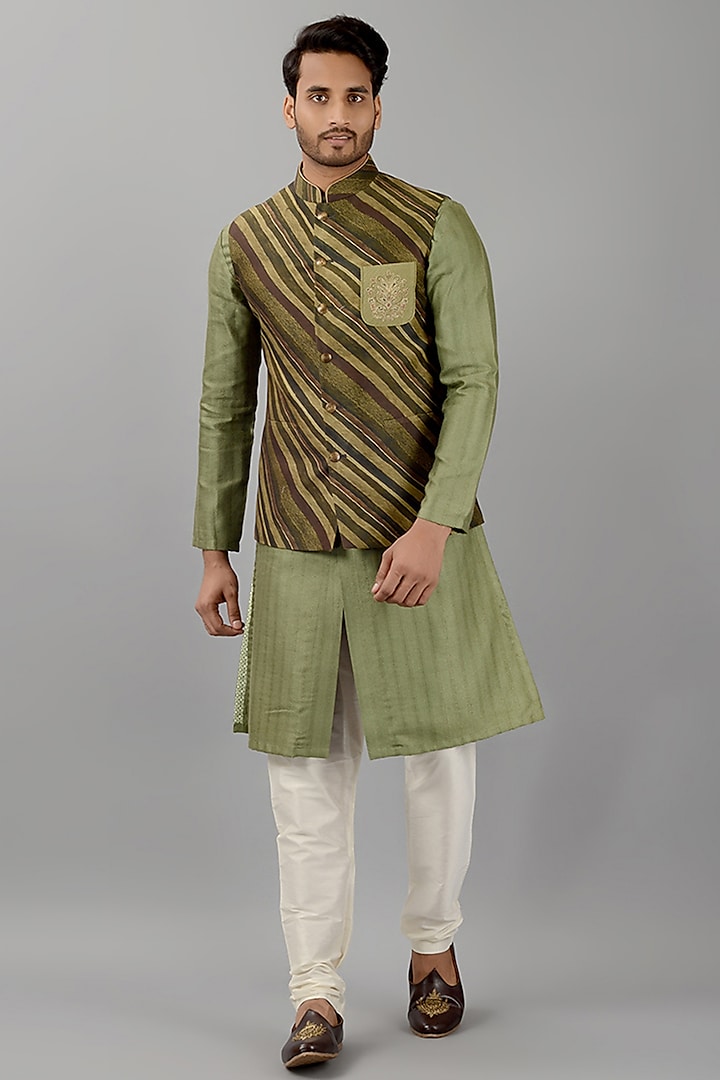 Olive Green Silk Stripe Nehru Jacket by Siddhesh Chauhan