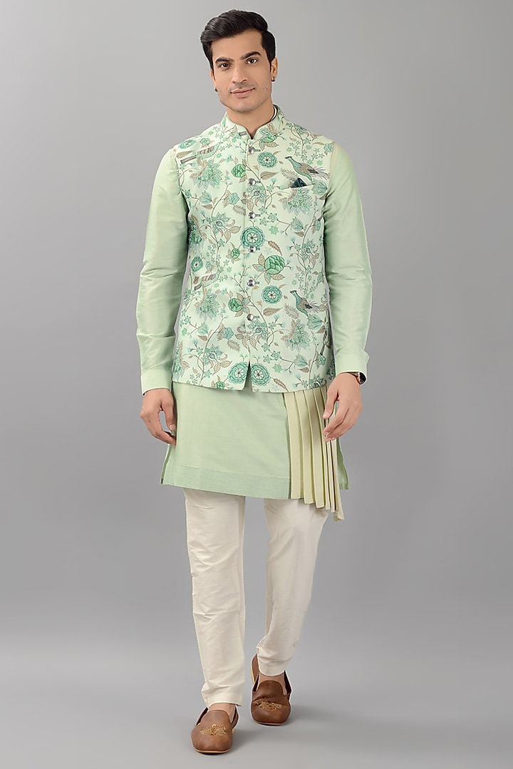 Sage Grey Silk Printed Nehru Jacket by Siddhesh Chauhan