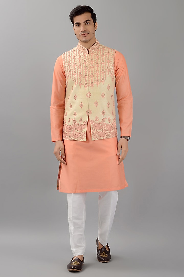 Cream Dupion Silk Embroidered Nehru Jacket by Siddhesh Chauhan at Pernia's Pop Up Shop