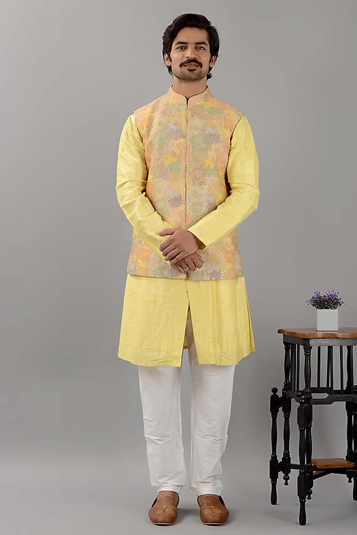 Yellow Brocade Nehru Jacket by Siddhesh Chauhan at Pernia's Pop Up Shop