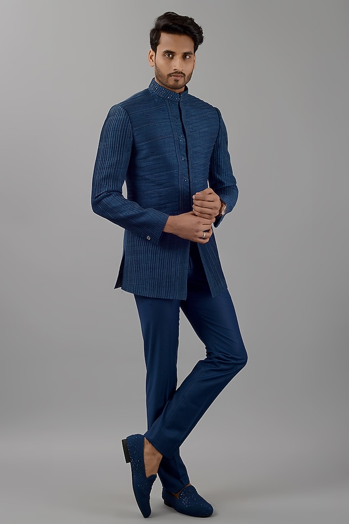 Deep Blue Raw Silk Jodhpuri Set by Siddhesh Chauhan at Pernia's Pop Up Shop