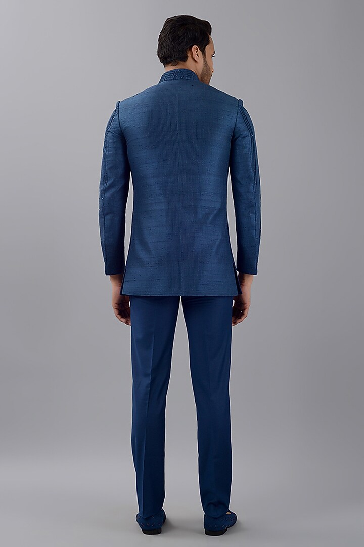 Deep Teal Blue Raw Silk Jodhpuri Set by Siddhesh Chauhan at Pernia's Pop Up Shop