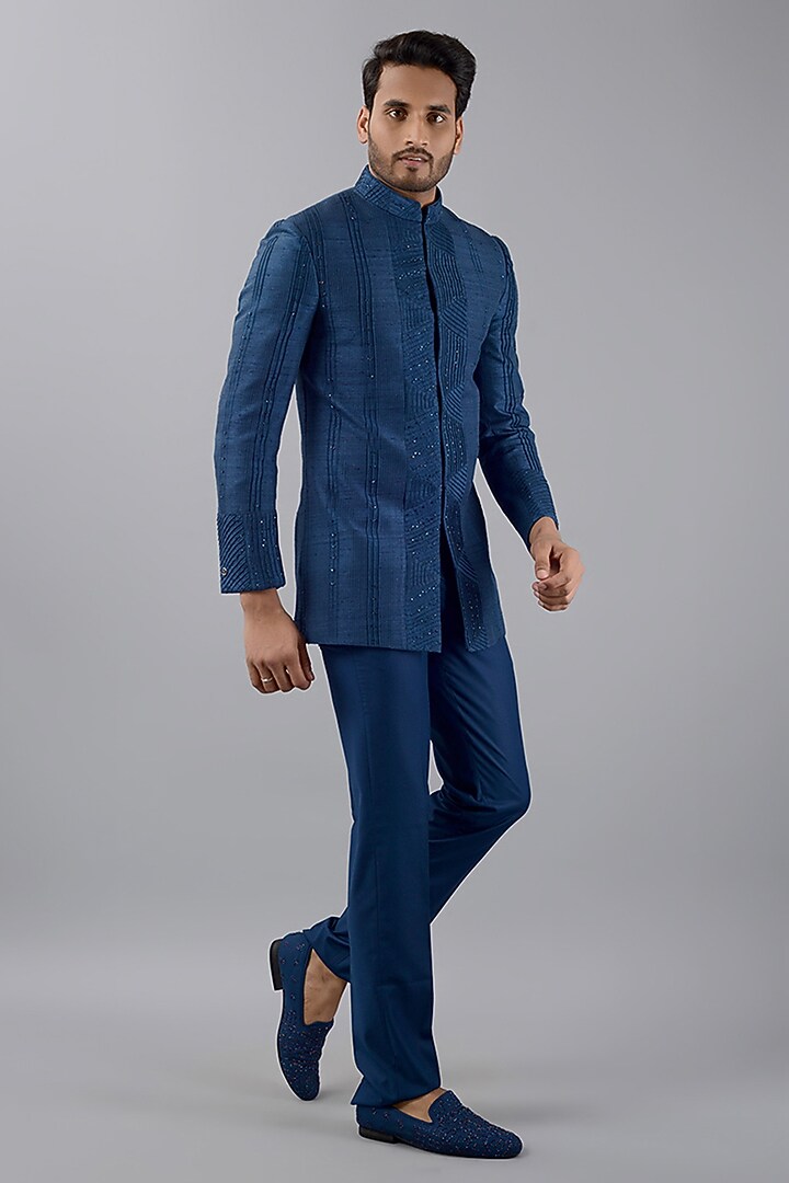 Deep Teal Blue Raw Silk Jodhpuri Set by Siddhesh Chauhan at Pernia's Pop Up Shop