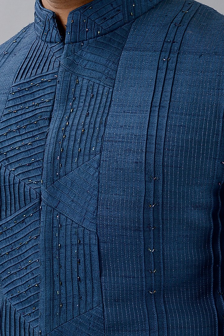 Deep Teal Blue Raw Silk Jodhpuri Set by Siddhesh Chauhan at Pernia's Pop Up Shop