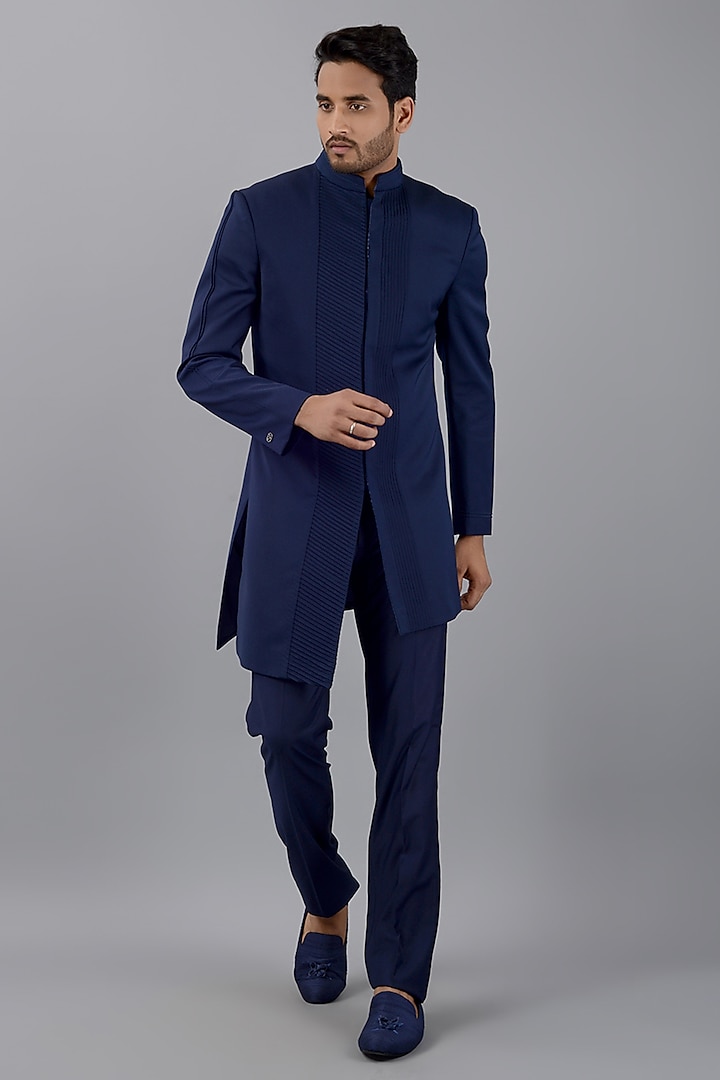 Navy Blue Terry Rayon Indowestern Set by Siddhesh Chauhan