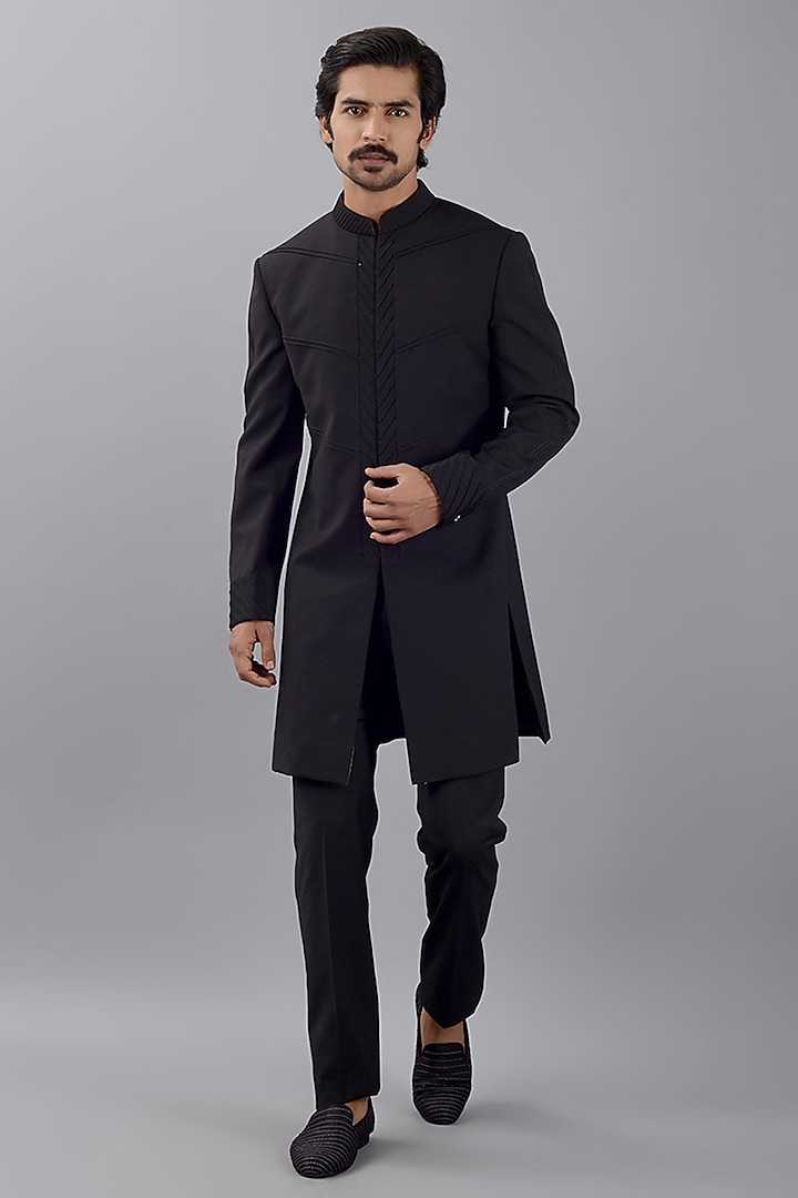 Black Terry Rayon Embroidered Sherwani Set by Siddhesh Chauhan