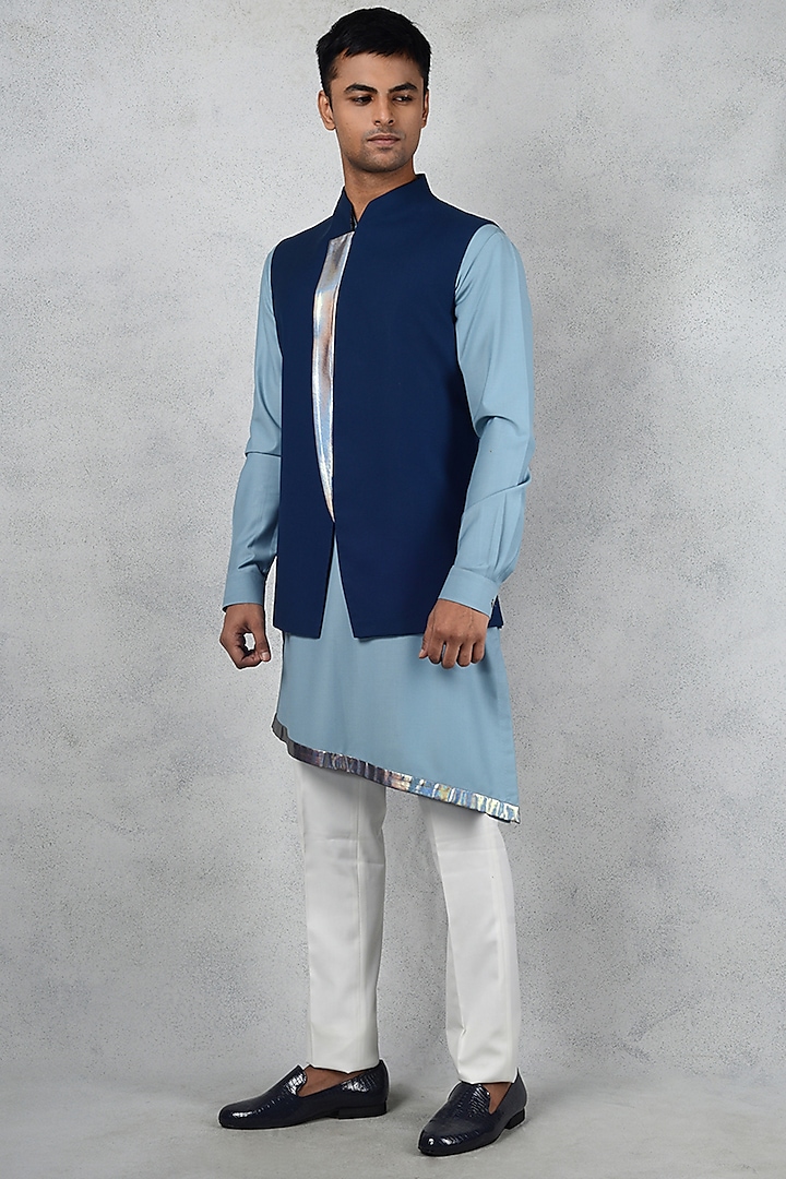 Blue Terry Rayon Nehru Jacket Set by Siddhesh Chauhan