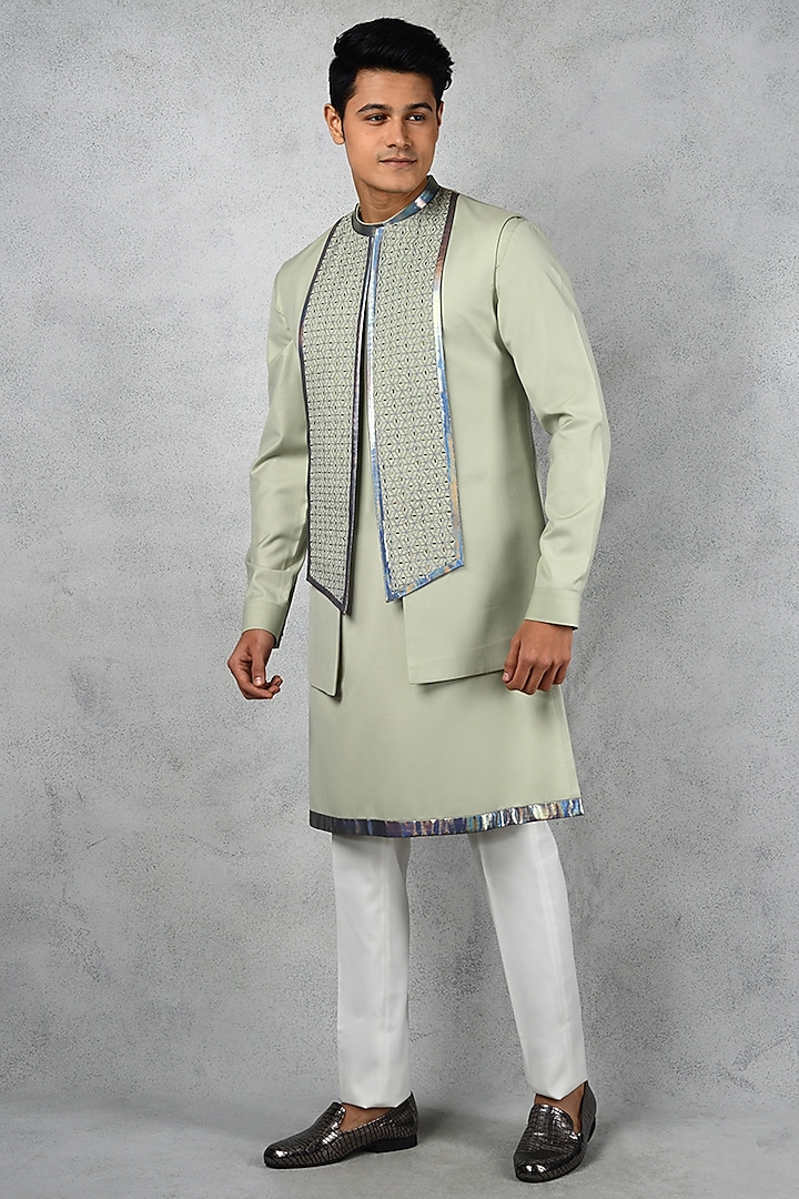 Pastel Green Terry Rayon Indowestern Set by Siddhesh Chauhan