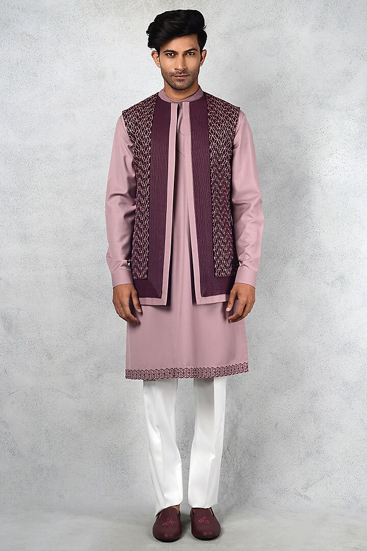Wine Terry Rayon Embroidered Indowestern Set by Siddhesh Chauhan