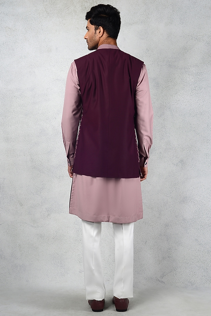 Wine Terry Rayon Embroidered Wedding Indowestern Set by Siddhesh Chauhan at Pernia's Pop Up Shop