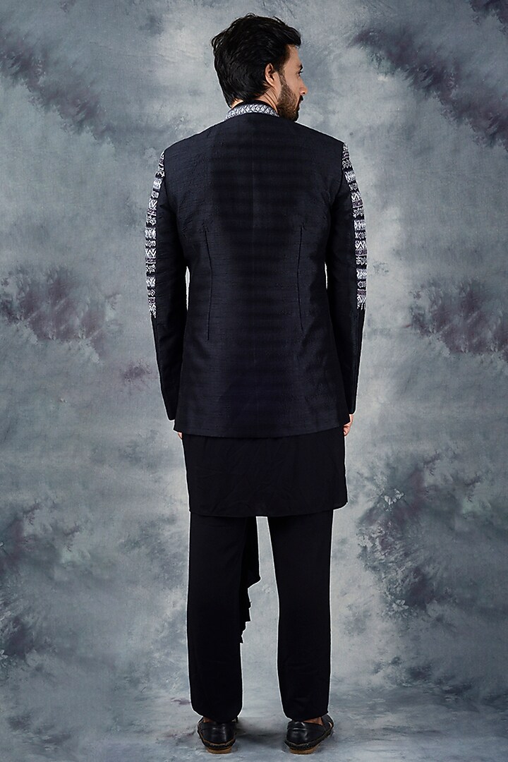 Black Raw Silk Embroidered Wedding Indowestern Jacket Set by Siddhesh Chauhan at Pernia's Pop Up Shop