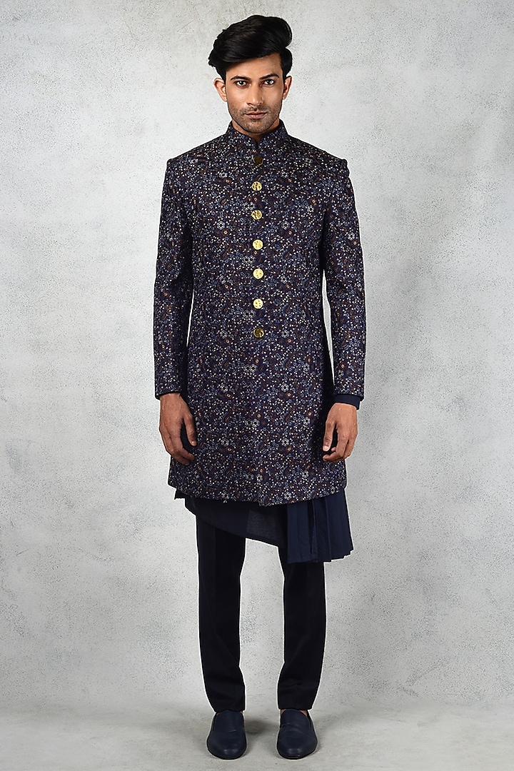 Deep Purple Silk Blend Embroidered Achkan Jacket Set by Siddhesh Chauhan