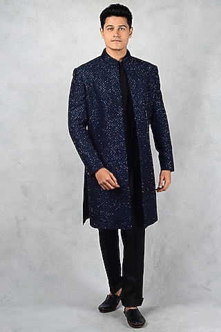 Deep Blue Silk Blend Embroidered Achkan Jacket Set by Siddhesh Chauhan
