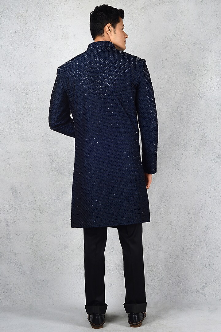 Deep Blue Silk Blend Embroidered Achkan Jacket Set by Siddhesh Chauhan at Pernia's Pop Up Shop