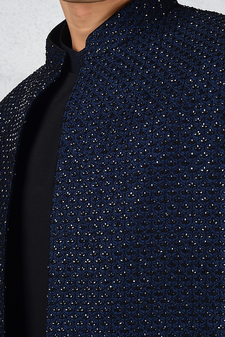 Deep Blue Silk Blend Embroidered Achkan Jacket Set by Siddhesh Chauhan at Pernia's Pop Up Shop