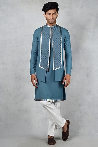 Aqua blue Terry Rayon Indowestern Set by Siddhesh Chauhan