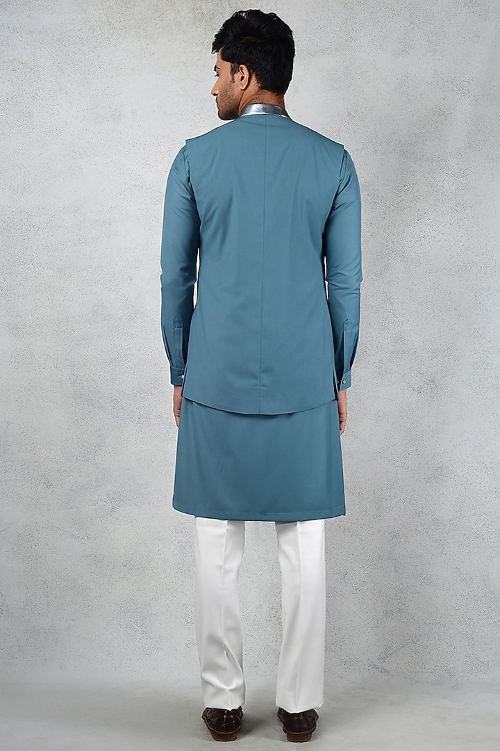 Aqua blue Terry Rayon Wedding Indowestern Set by Siddhesh Chauhan at Pernia's Pop Up Shop