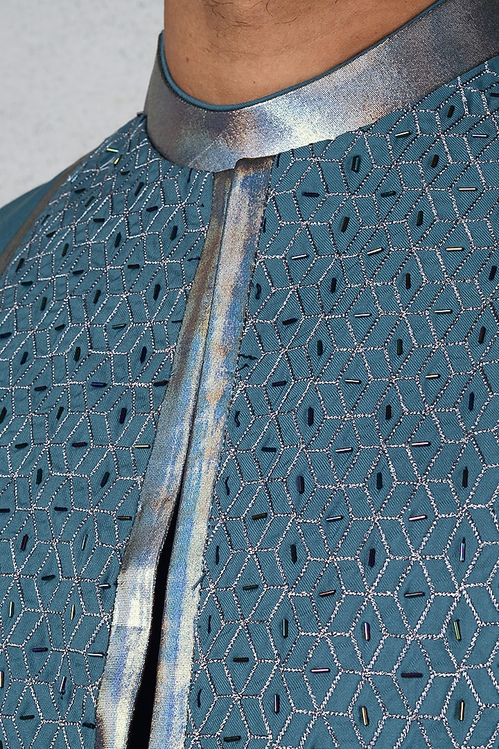 Aqua blue Terry Rayon Wedding Indowestern Set by Siddhesh Chauhan at Pernia's Pop Up Shop