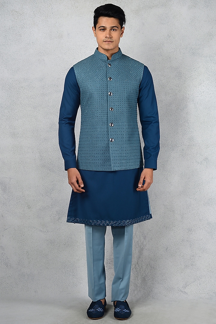 Teal Blue Terry Rayon Nehru Jacket  by Siddhesh Chauhan