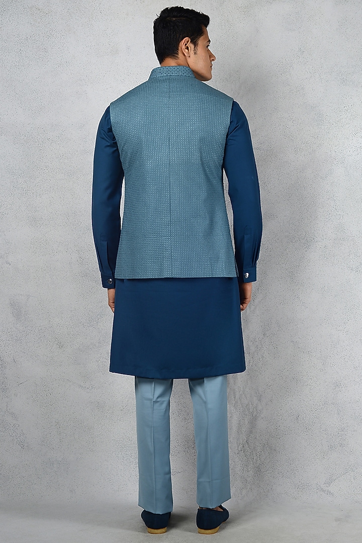 Teal Blue Terry Rayon Nehru Jacket by Siddhesh Chauhan at Pernia's Pop Up Shop