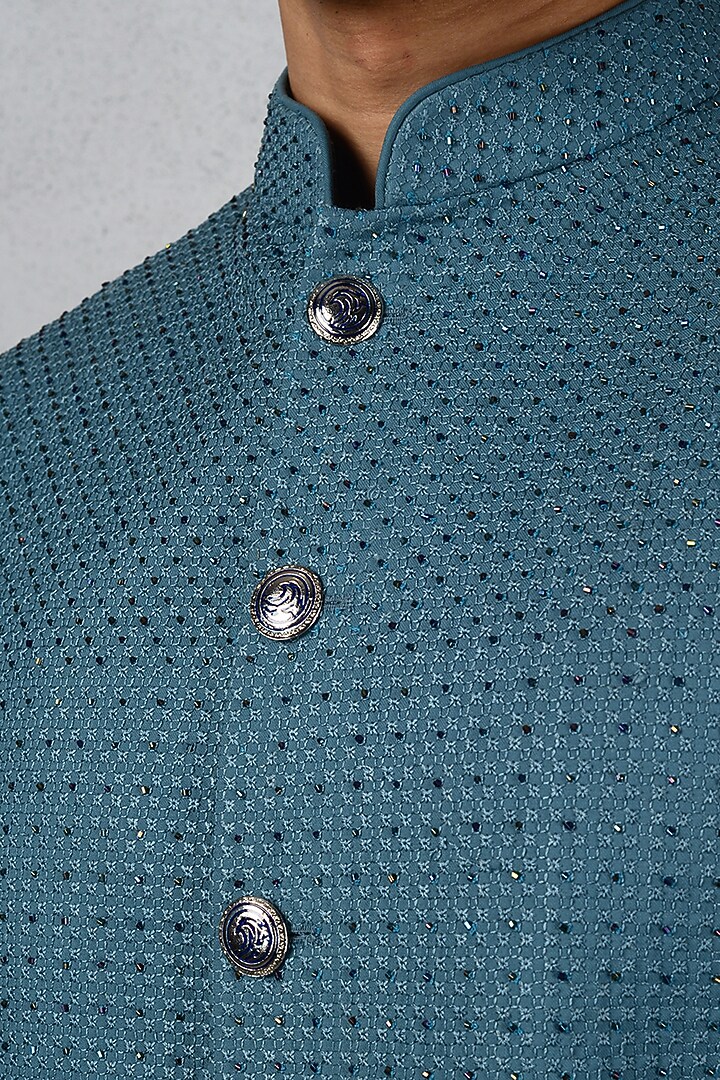 Teal Blue Terry Rayon Nehru Jacket by Siddhesh Chauhan at Pernia's Pop Up Shop