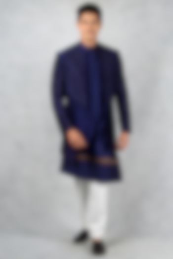 Navy Blue Raw Silk Embroidered Indowestern Set by Siddhesh Chauhan