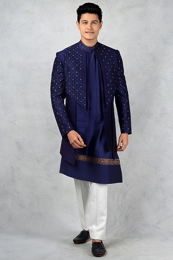 Navy Blue Raw Silk Embroidered Indowestern Set by Siddhesh Chauhan
