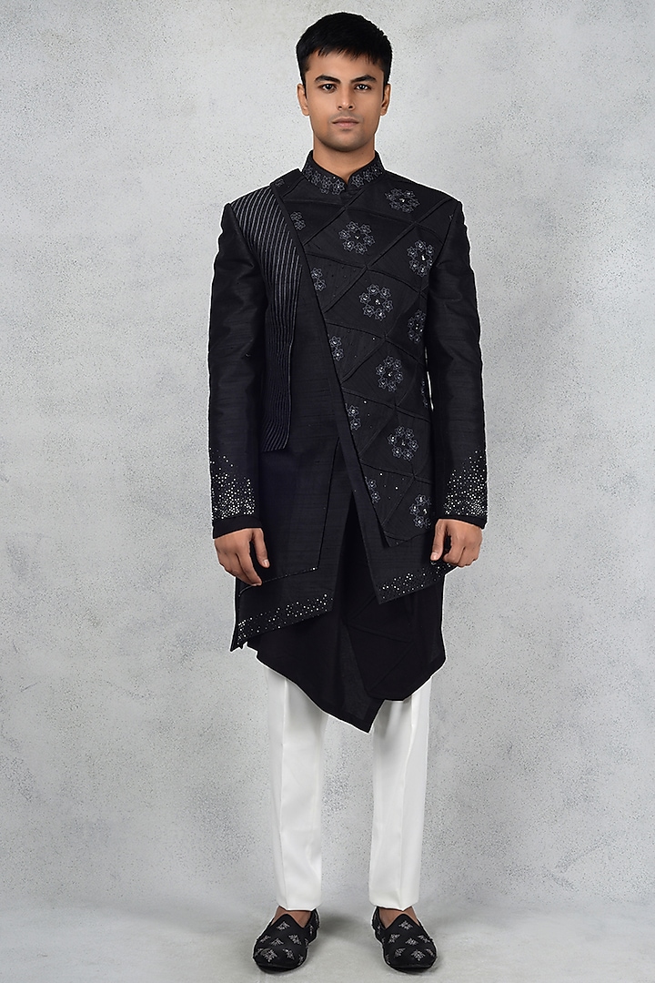 Black Raw Silk Embroidered Jodhpuri Jacket Set by Siddhesh Chauhan