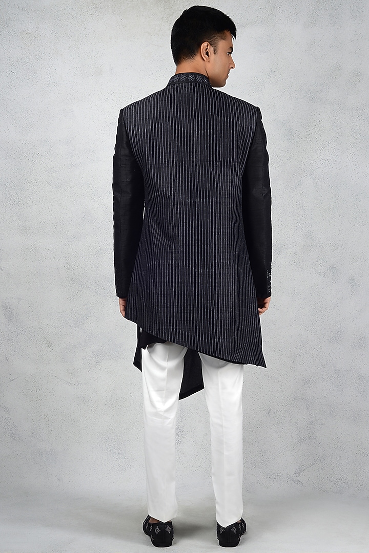 Black Raw Silk Embroidered Jodhpuri Jacket Set by Siddhesh Chauhan at Pernia's Pop Up Shop