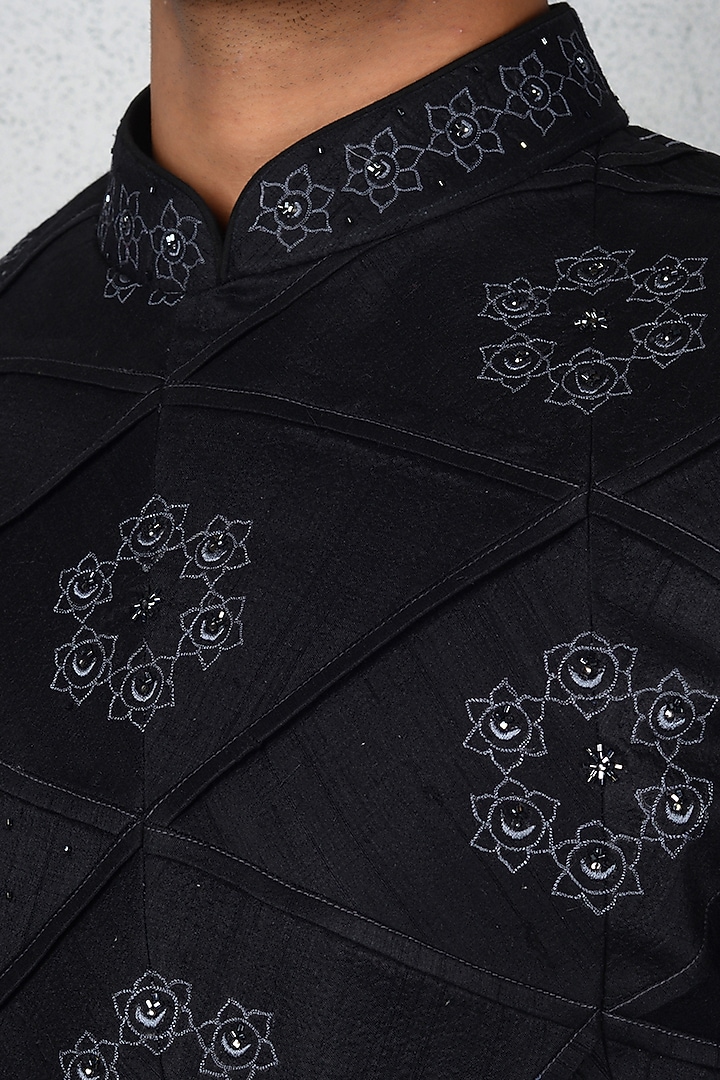 Black Raw Silk Embroidered Jodhpuri Jacket Set by Siddhesh Chauhan at Pernia's Pop Up Shop