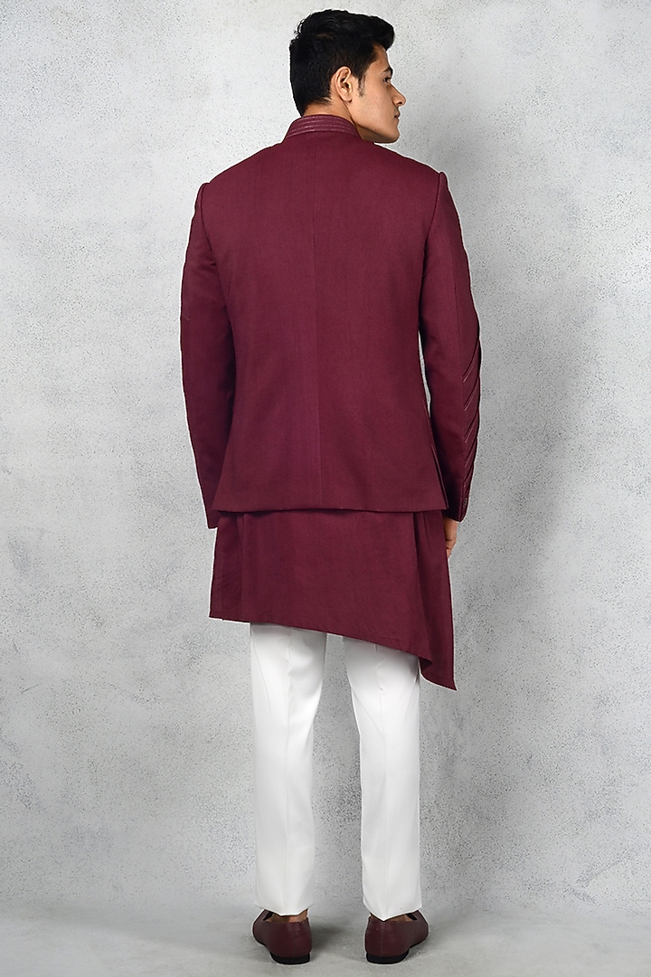 Wine Silk Blend Bandhgala Groom Indowestern Set by Siddhesh Chauhan at Pernia's Pop Up Shop