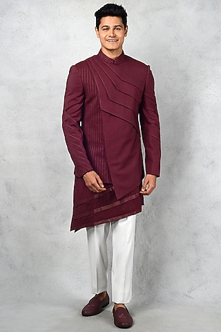 Wine Silk Blend Bandhgala Indowestern Set  by Siddhesh Chauhan