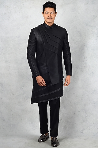 Black Silk Blend Floral Embroidered Indowestern Set by Siddhesh Chauhan