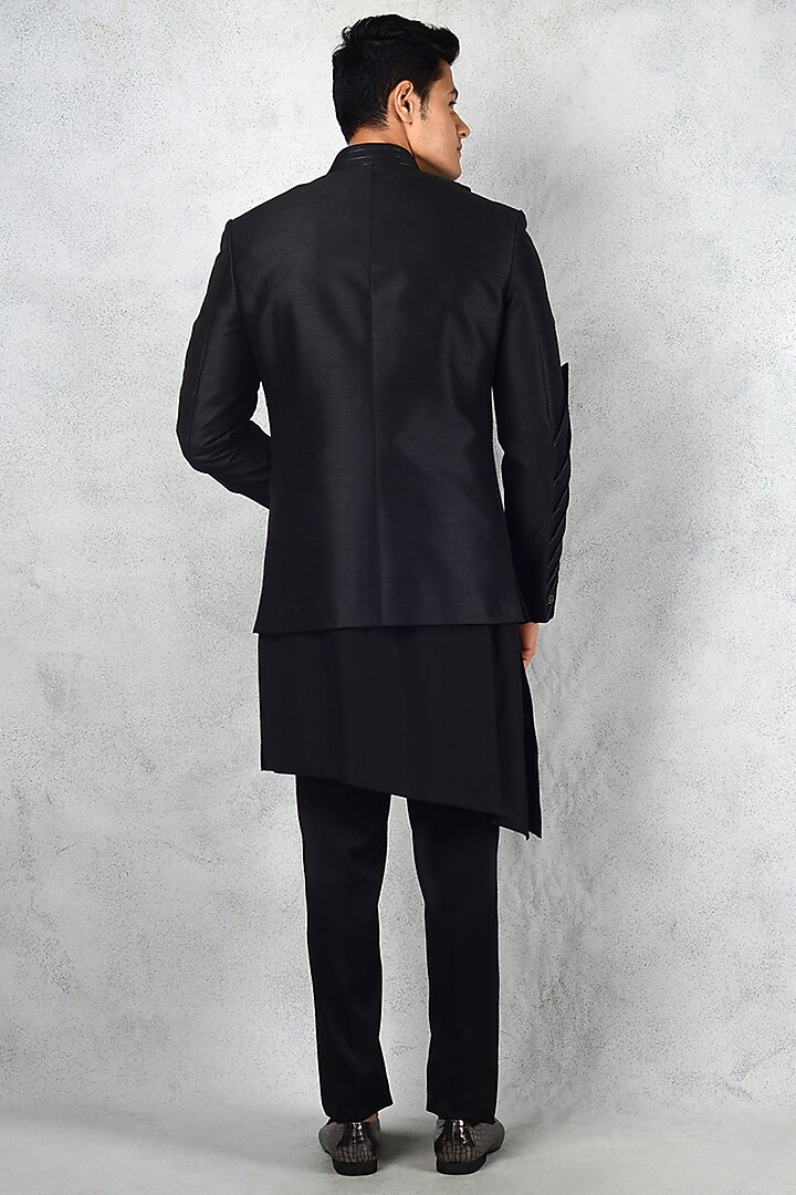 Black Silk Blend Floral Embroidered Groom Indowestern Set by Siddhesh Chauhan at Pernia's Pop Up Shop