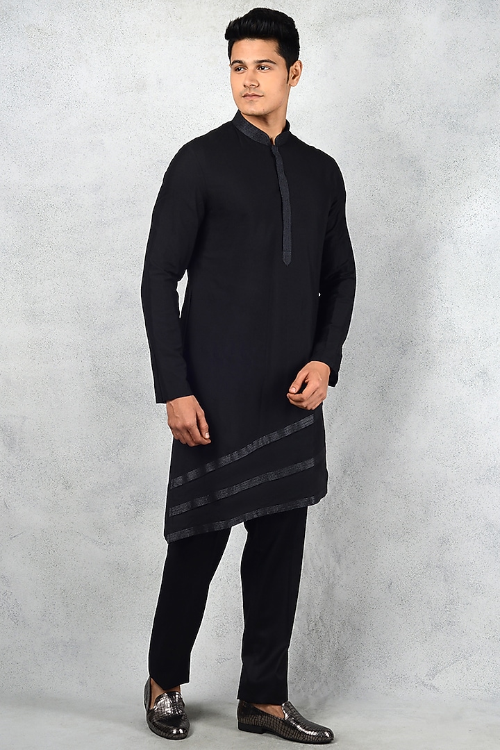 Black Silk Blend Floral Embroidered Groom Indowestern Set by Siddhesh Chauhan at Pernia's Pop Up Shop