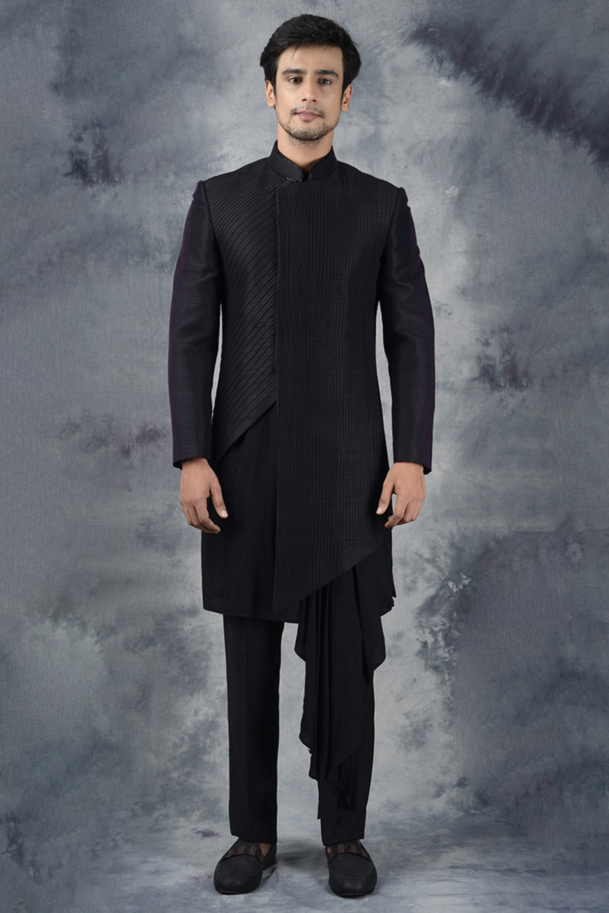 Black Raw Silk Embellished Wedding Indowestern Set by Siddhesh Chauhan at Pernia's Pop Up Shop