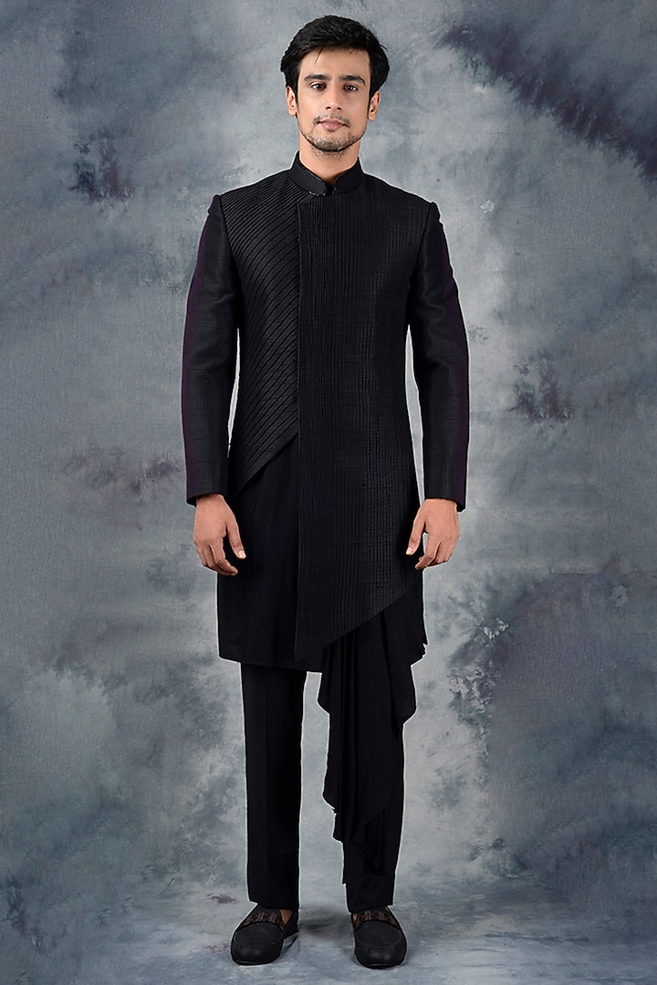 Black Raw Silk Embellished Wedding Indowestern Set by Siddhesh Chauhan at Pernia's Pop Up Shop
