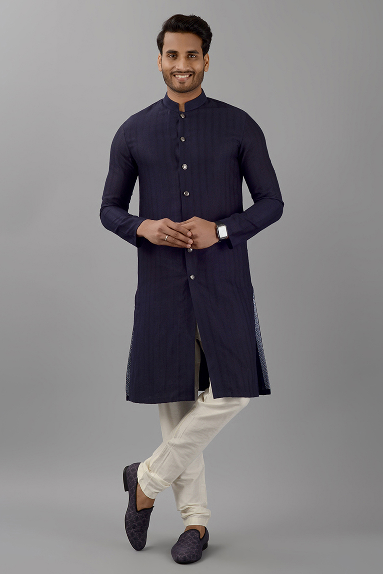 Midnight Blue Silk Jacquard Textured Kurta Set by Siddhesh Chauhan