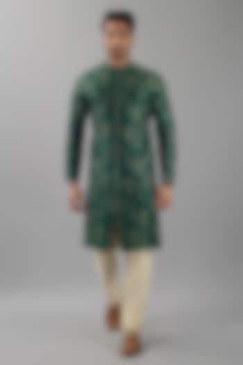 Green Muga Silk Embroidered Kurta Set by Siddhesh Chauhan