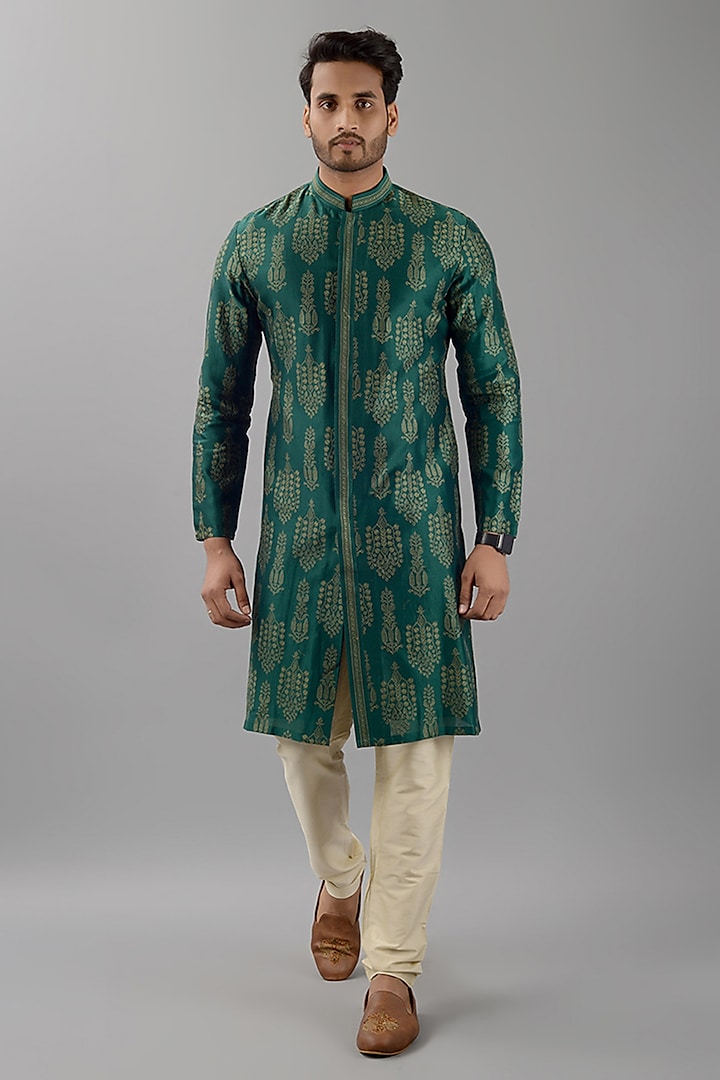 Green Muga Silk Embroidered Kurta Set by Siddhesh Chauhan