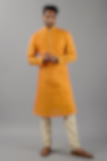 Yellow Muga Silk Kurta Set by Siddhesh Chauhan