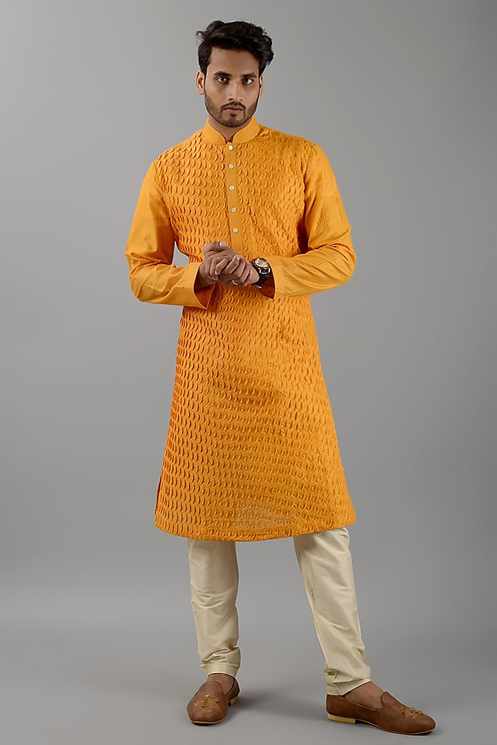 Yellow Muga Silk Kurta Set by Siddhesh Chauhan