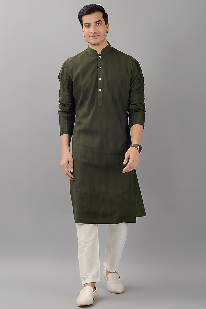 Olive Green Silk Kurta Set by Siddhesh Chauhan