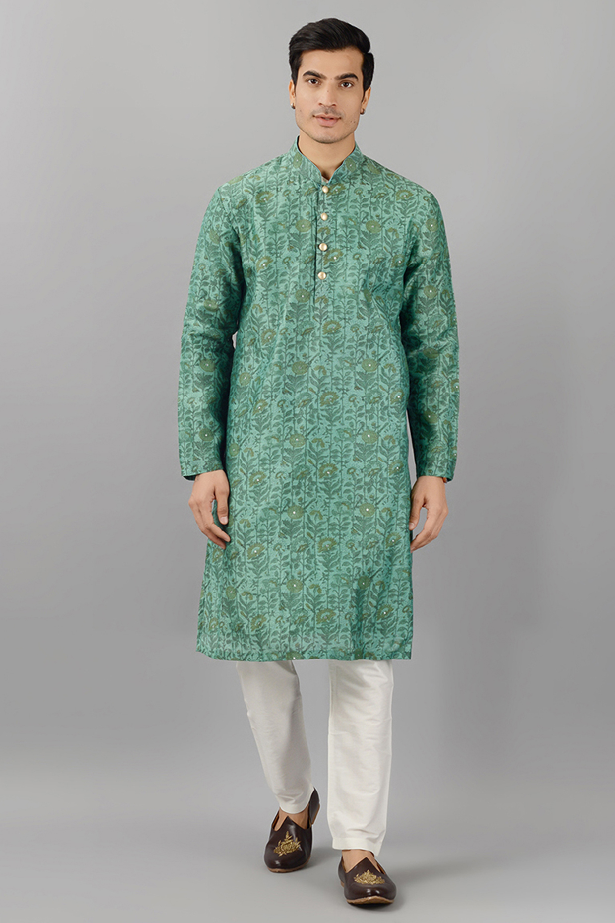 Green Silk Kurta Set by Siddhesh Chauhan