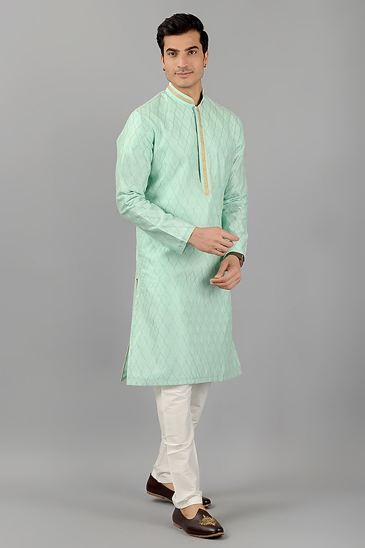 Aqua Green Green Silk Embroidered Kurta Set by Siddhesh Chauhan