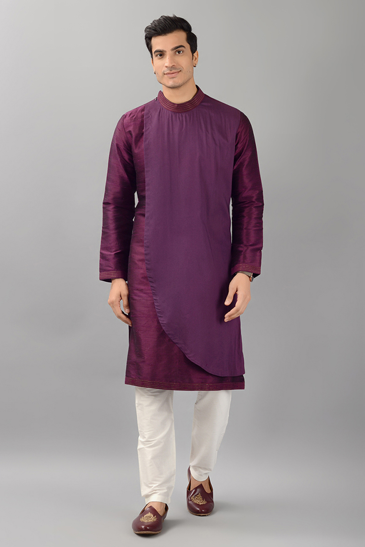 Plum Wine Raw Silk Embroidered Kurta Set by Siddhesh Chauhan